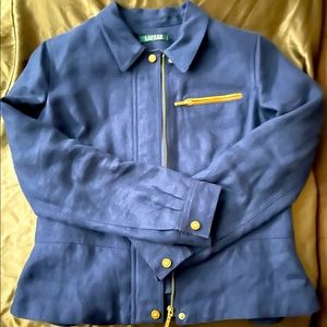 Navy Blue Linen Ralph Lauren Leather Trim Jacket